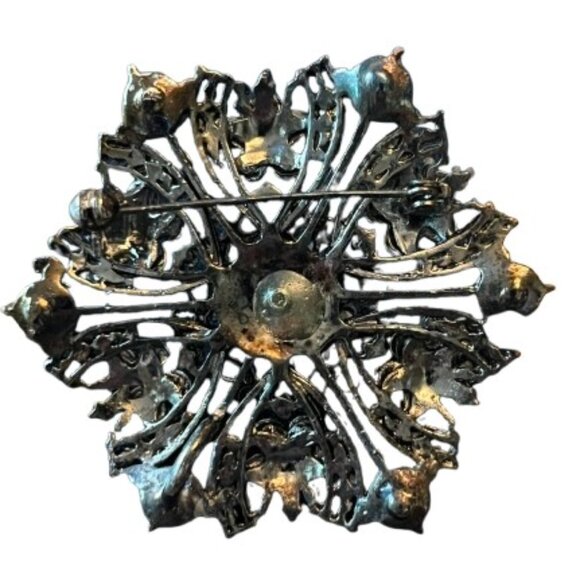 Vintage Silver Tone Green & Yellow Rhinestone Filigree Floral Pin Brooch - LNC - Picture 3 of 3